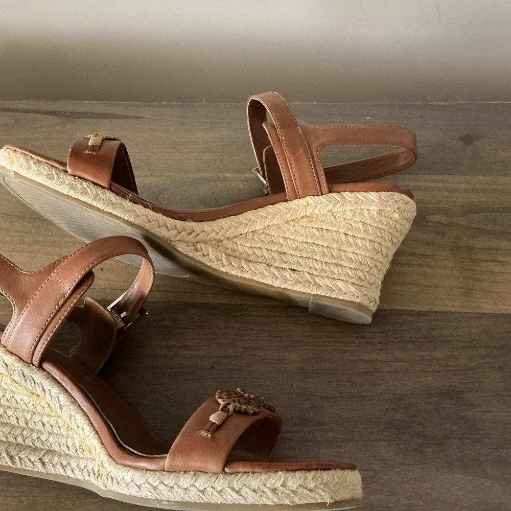 Coldwater Creek Wedge Espadrille Brown Leather Sandal Size 9